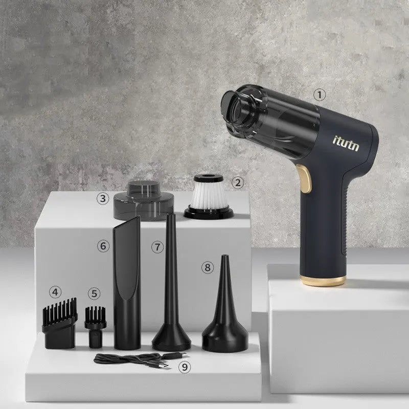 Black wireless handheld car vacuum cleaner with multiple nozzle attachments for interior cleaning