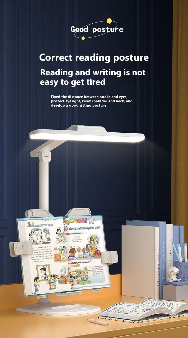 Adjustable desk lamp with reading light showing three temperature settings and dual power options