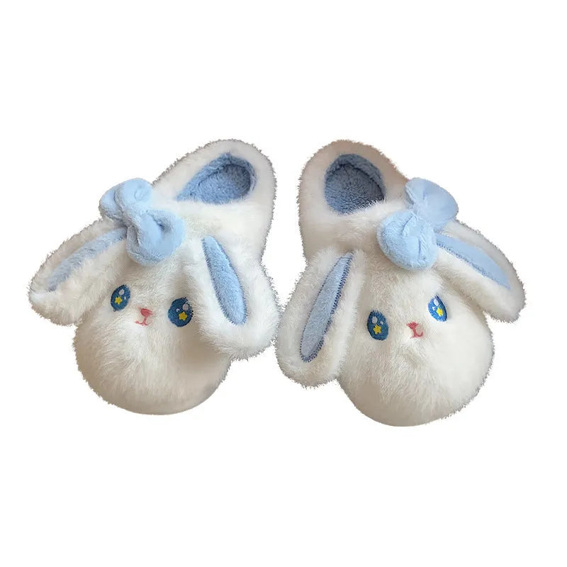 White autumn winter indoor slippers with soft EVA sole and platform heel, cartoon pattern, artificial wool lining.