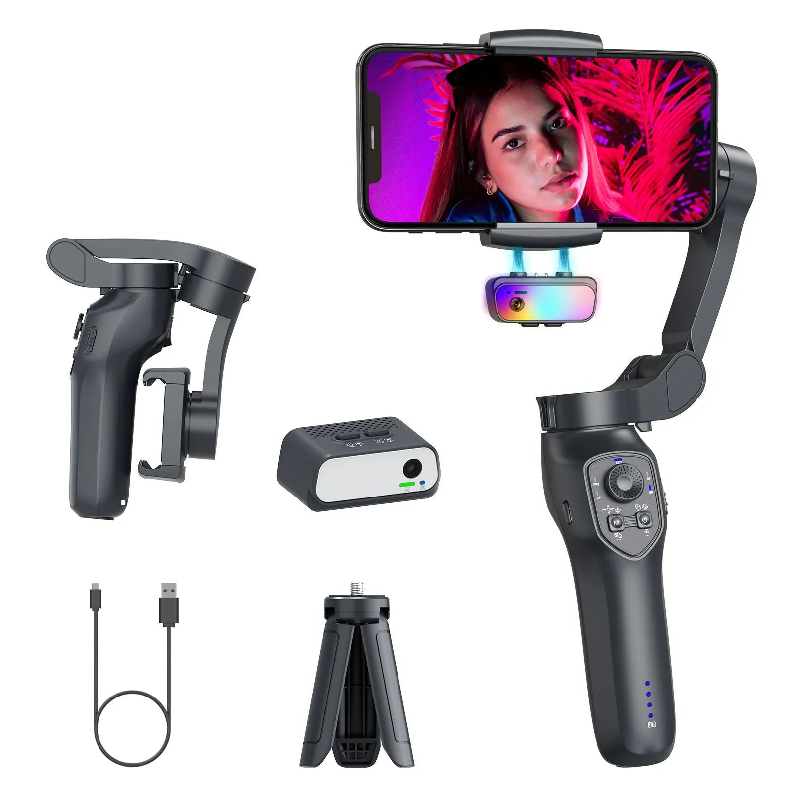 Foldable handheld phone camera stabilizer gimbal in gun colour with USB port.