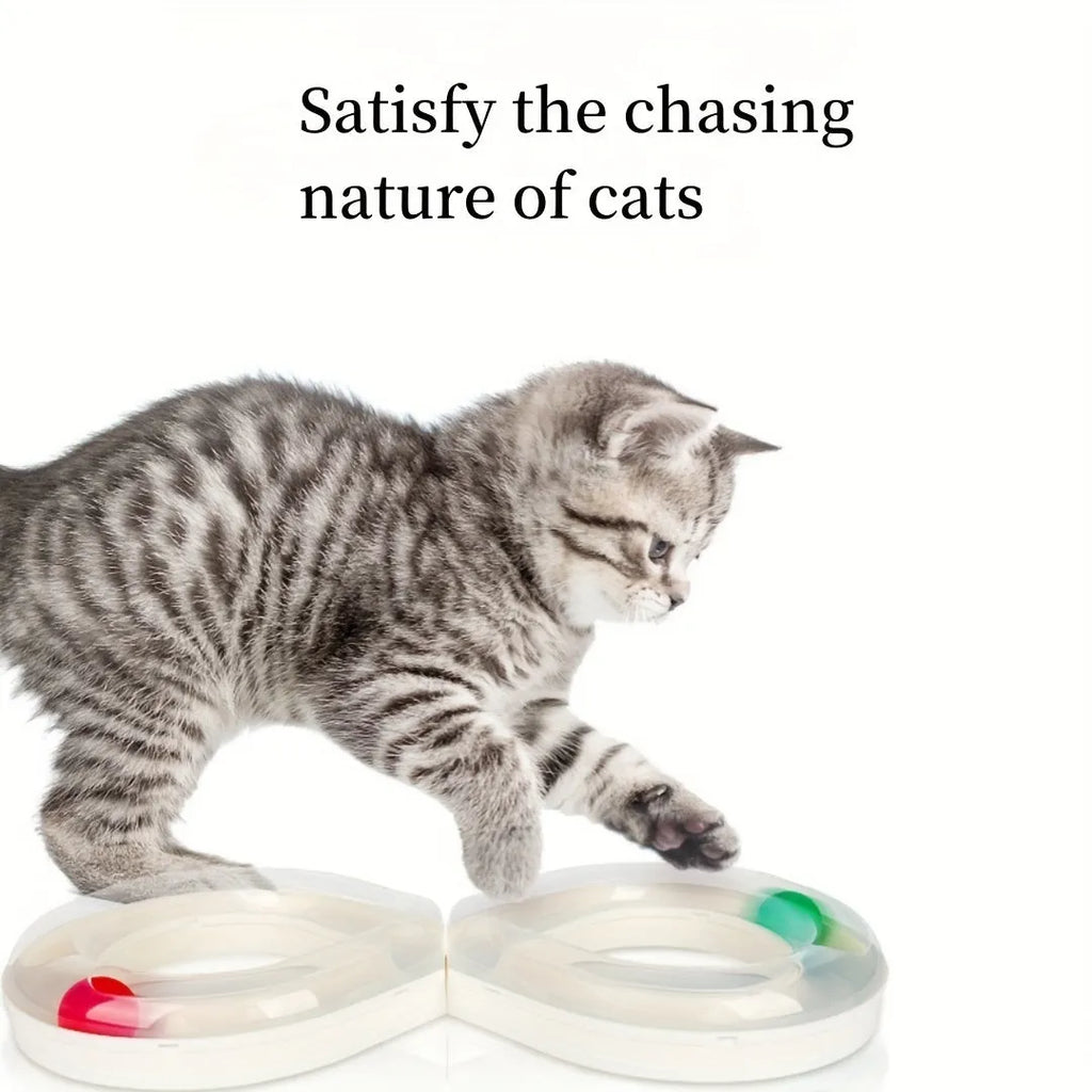 Cat toys collection showing self-hi turntable track ball and teasing cat stick for feline entertainment