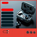 Black wireless in-ear headphones with Bluetooth 5.0, shown alongside red and blue colour options.