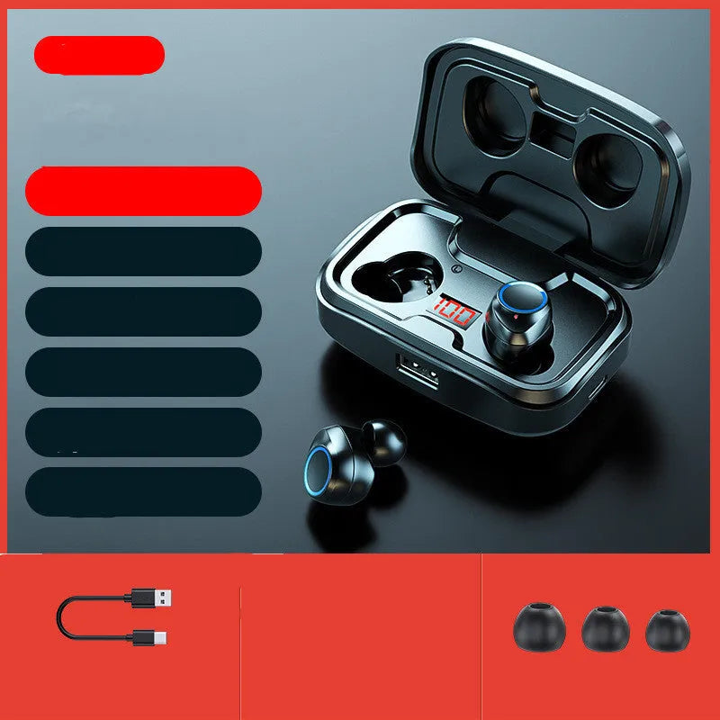 Black wireless in-ear headphones with Bluetooth 5.0, shown alongside red and blue colour options.