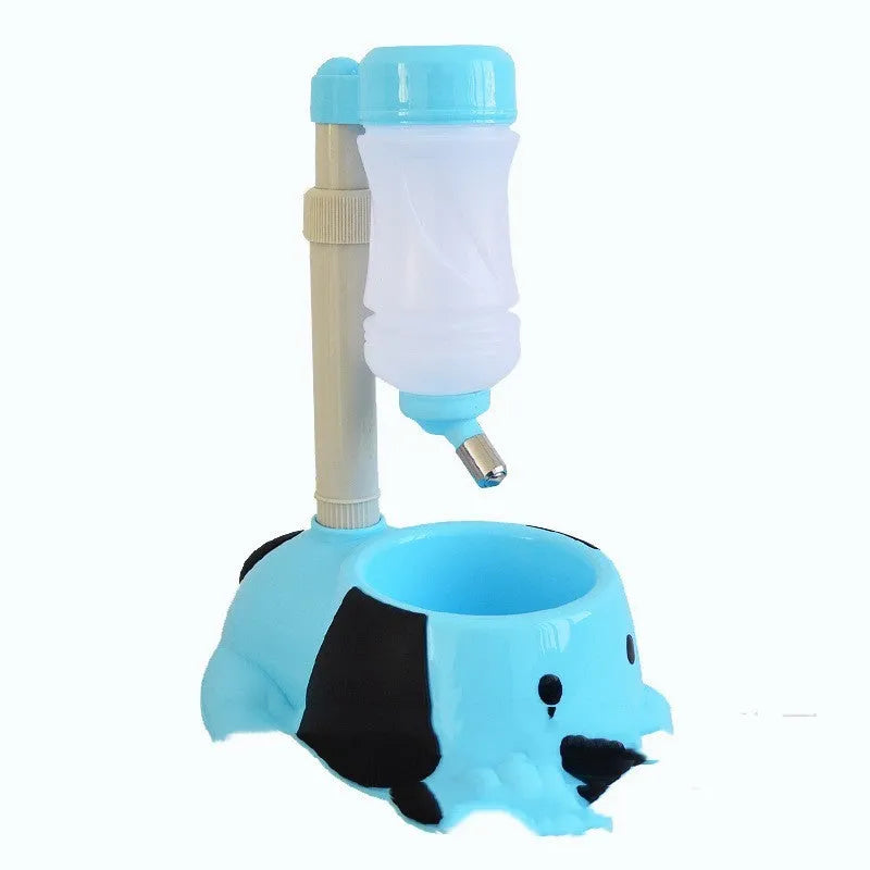 Adjustable plastic pet drinking bowl with rod lifting mechanism in pink colour