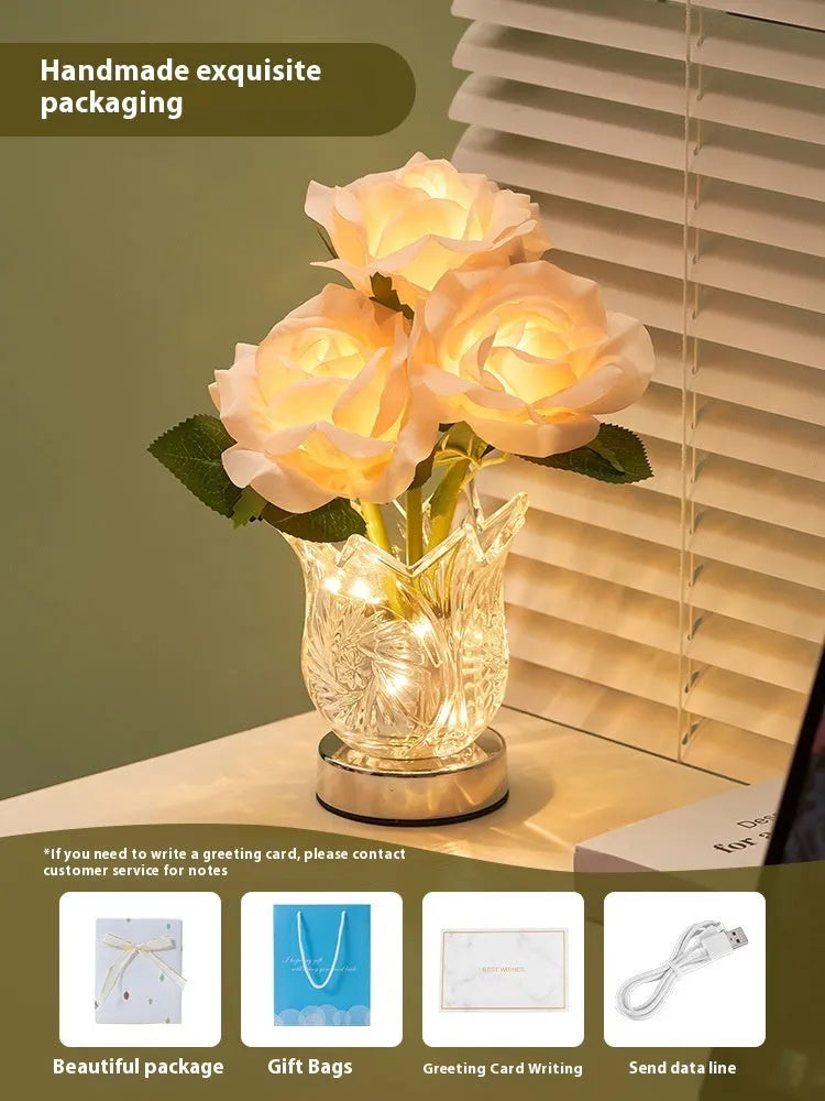 Crystal flowers touch dimmable table lamp on bedside table with charging cable