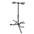 Black iron vertical double-headed adjustable guitar stand holding two guitars.