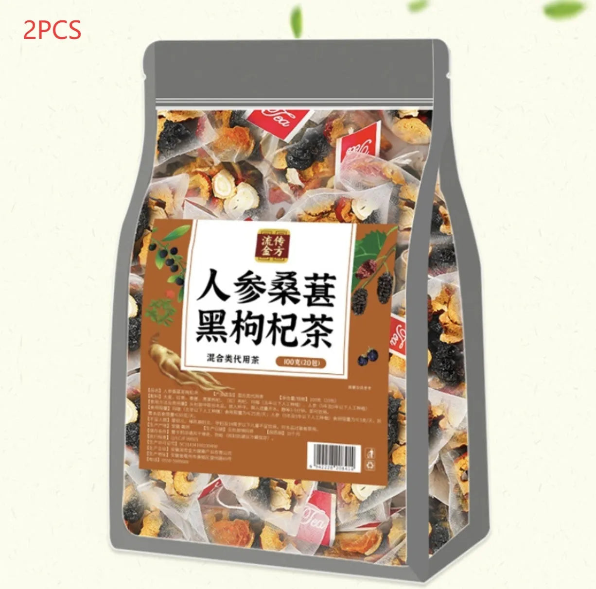 Box of Ginseng Black Wolfberry Tea showing 40 individual 5g sachets