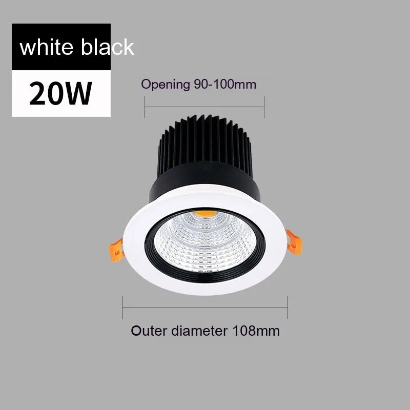 White aluminium embedded LED ceiling spotlight with anti-glare design showing three colour temperature options