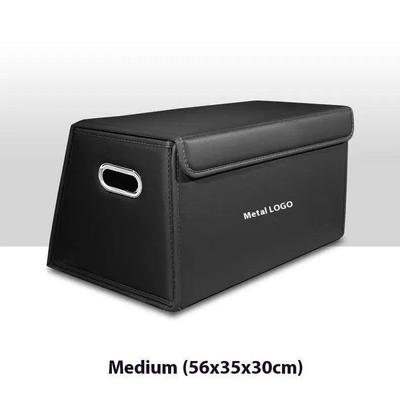 Folding car trunk storage organiser in waterproof leather, available in black, brown, and wine red colours with medium and small size options.