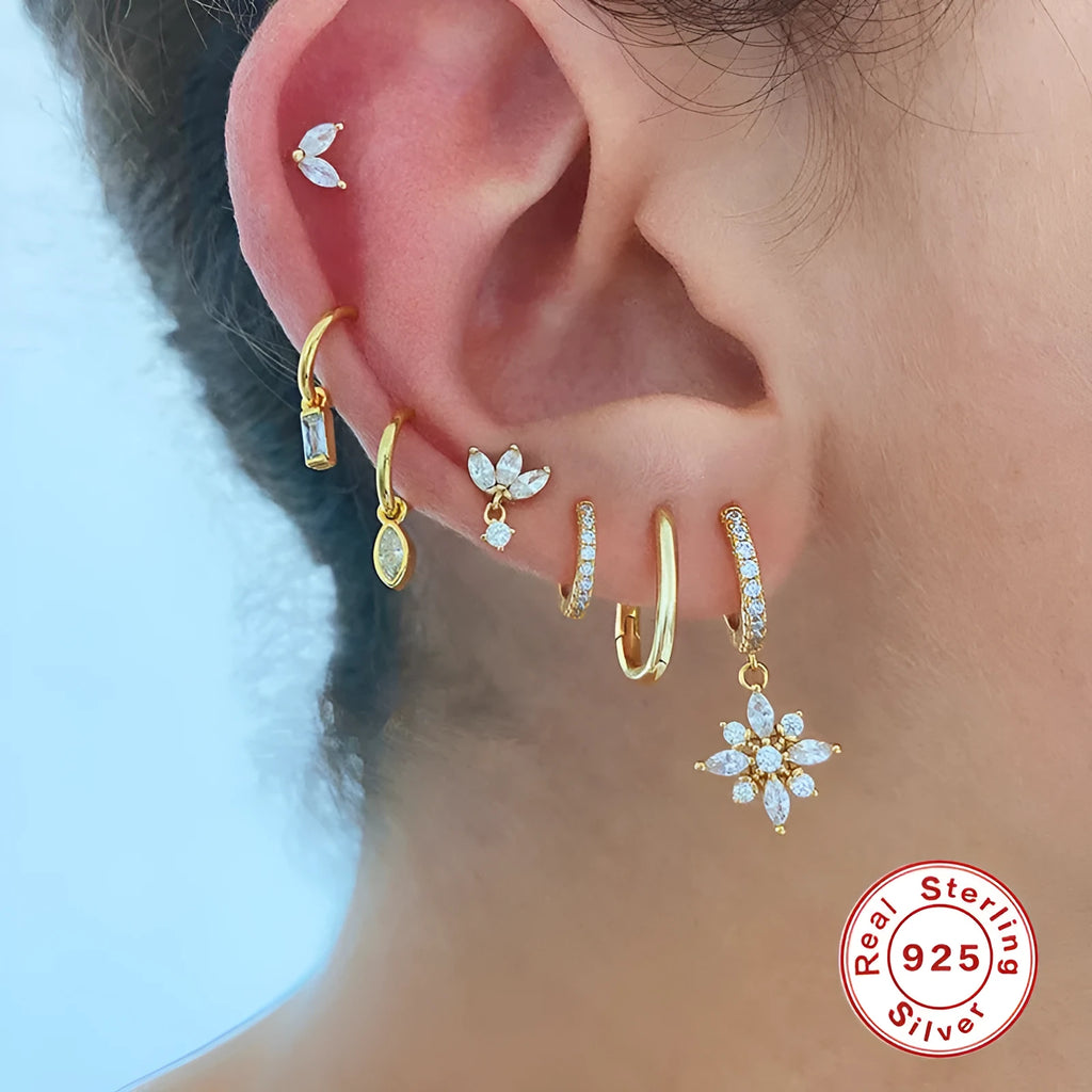 S925 sterling silver snowflake pendant earrings with geometric design and gemstone detail