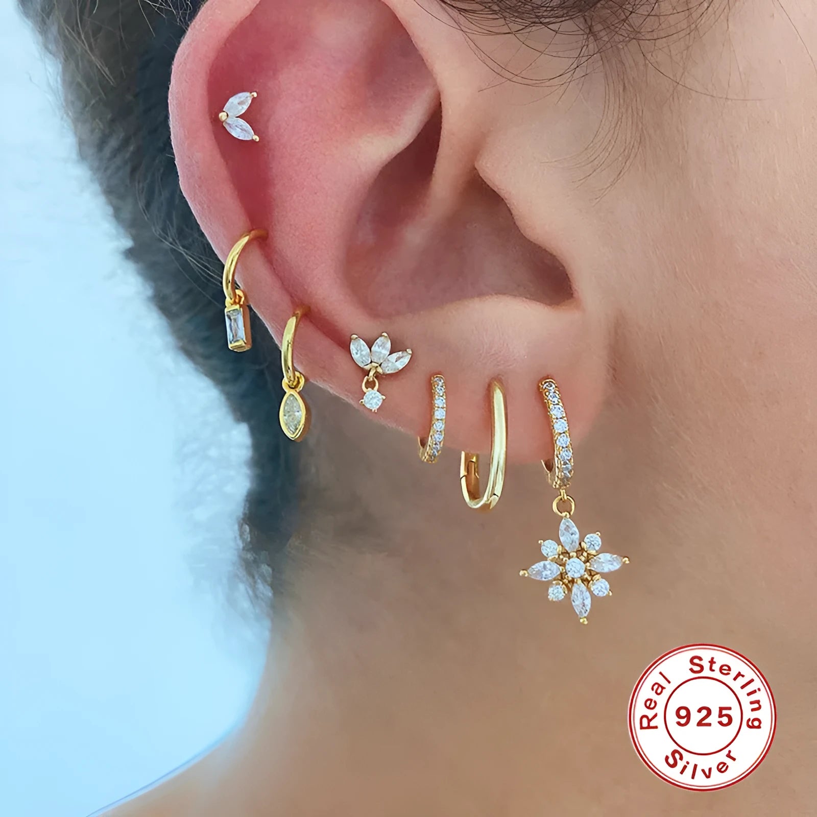 S925 sterling silver snowflake pendant earrings with geometric design and gemstone detail