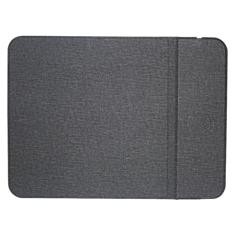 Black 2-in-1 wireless charging mouse pad with non-slip base and phone stand on a desk