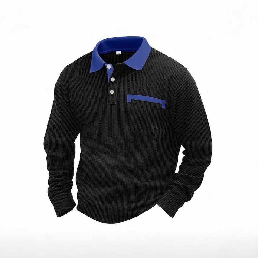 Men's long sleeve waffle texture polo shirt in loose fit with asymmetric design