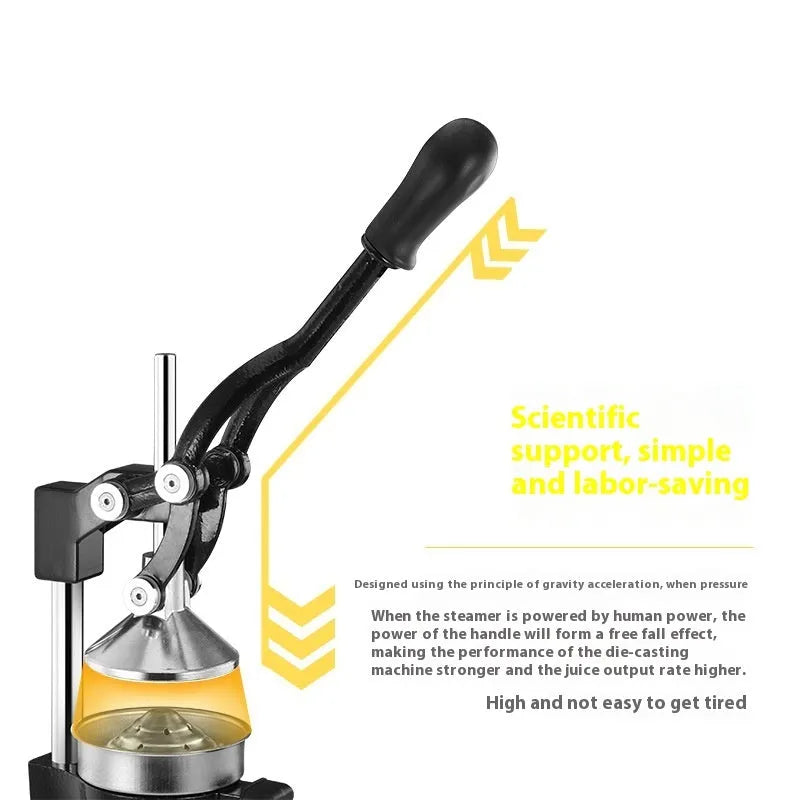 Black and white cast iron manual citrus juicer with stainless steel strainer, 40cm tall