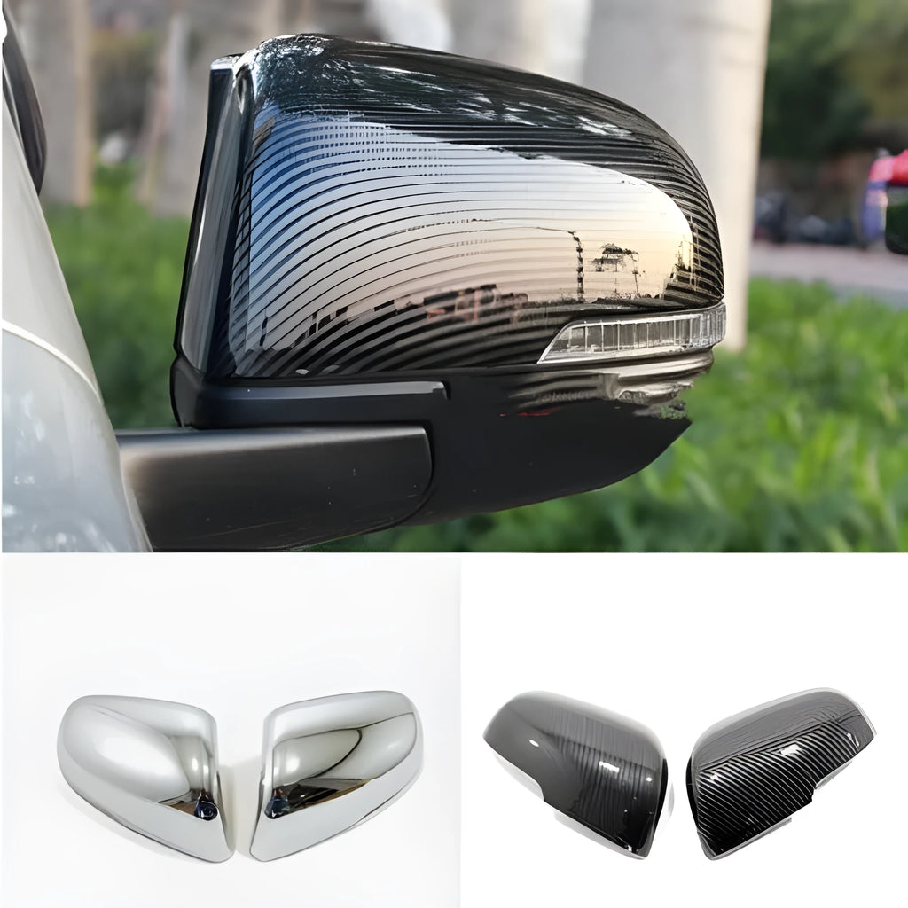 Pair of plastic rearview mirror protection covers with tremella pattern in silver and black finishes.
