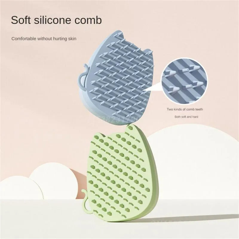Blue silicone pet grooming brush with dual-texture bristles on a white background.