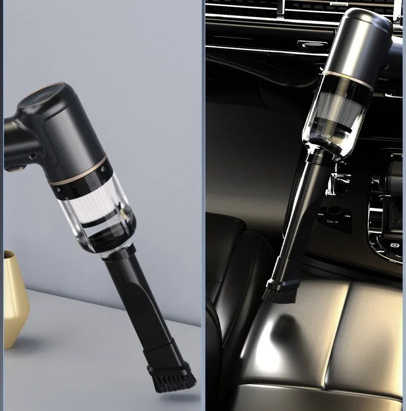 Black wireless handheld car vacuum cleaner with multiple nozzle attachments for interior cleaning