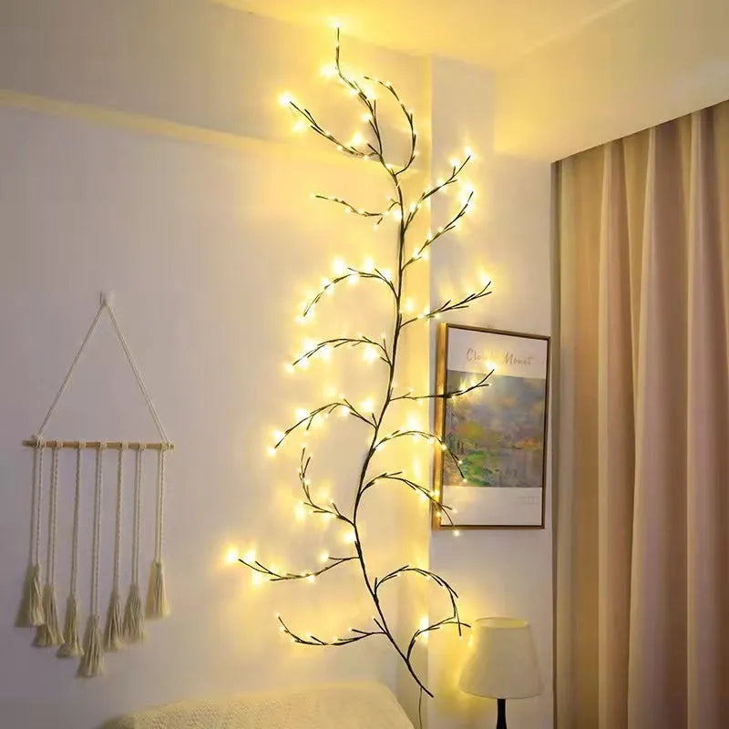 Flexible LED willow vine garland with 144 warm white lights and birch bark texture for wall decoration