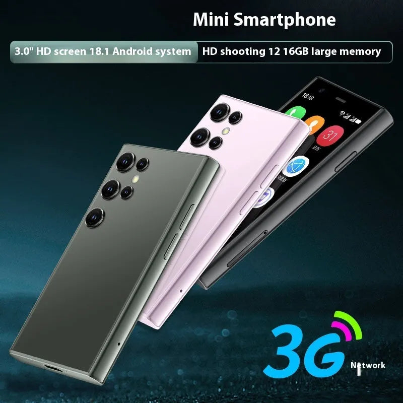 S23PRO XS15 mini smartphone in black, green, or pink purple colour on a white background.