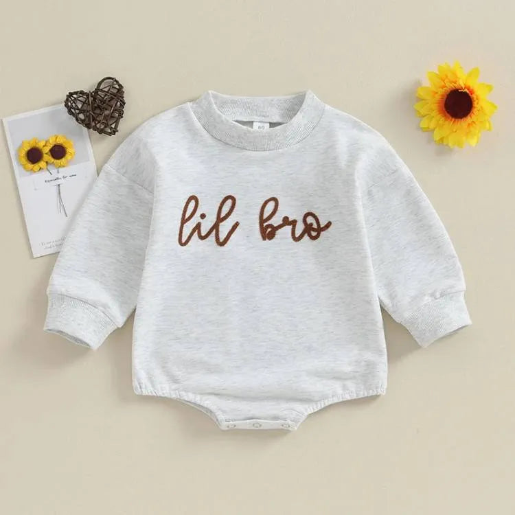 Grey cotton infant toddler long sleeve one-piece sweater jumpsuit with alphabet embroidery for 60-120cm