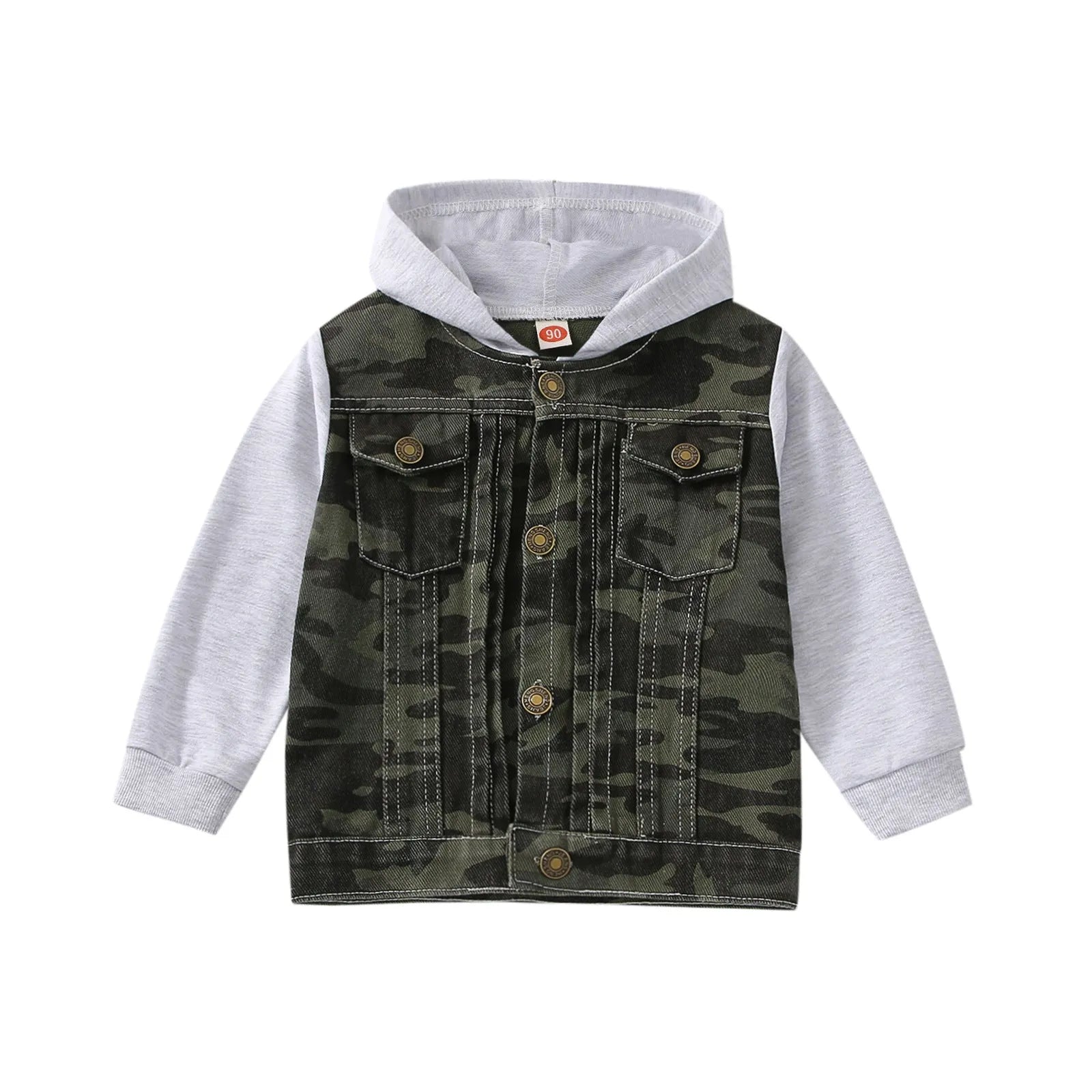 Boys cotton hooded denim coat with cartoon print in blue colour, long sleeves, single-breasted front