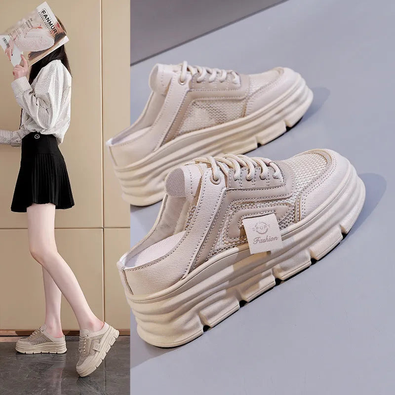 Women's mesh half slippers in black, khaki and white with round toe and rubber sole