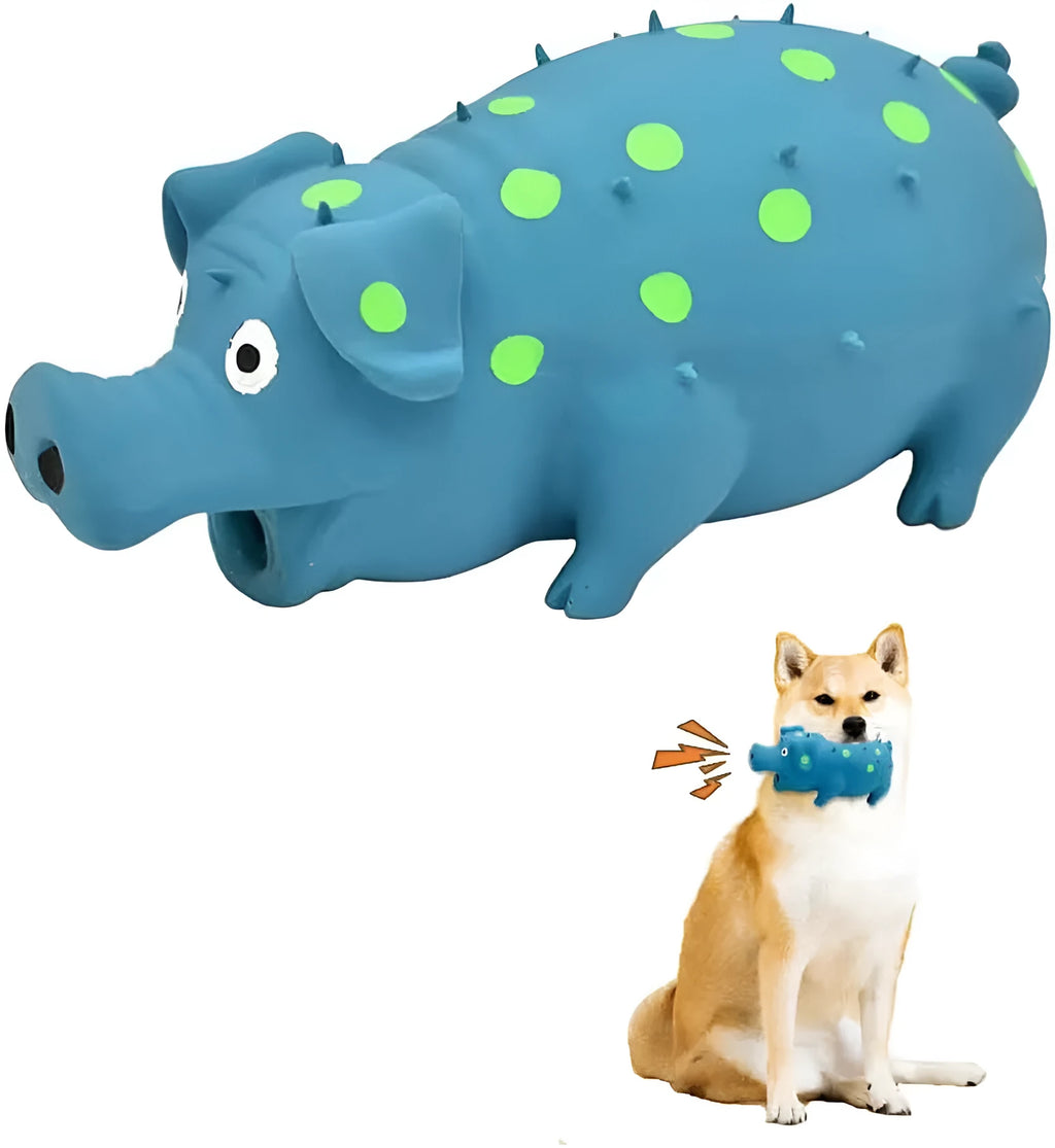Latex pig-shaped dog chew toy with squeaker in assorted colours for aggressive chewers