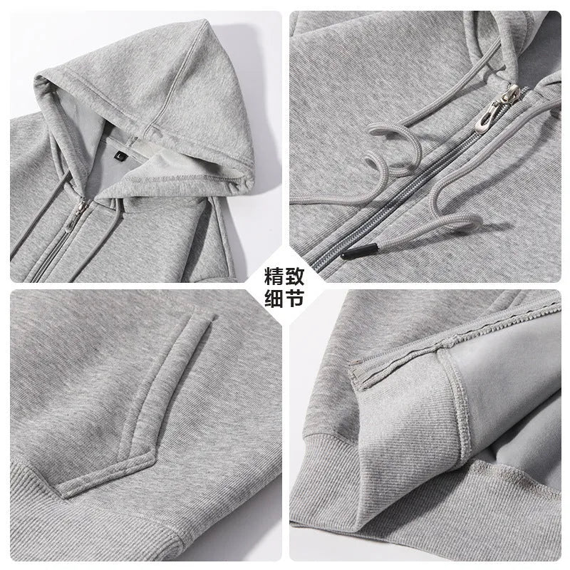 Plus size man wearing a beige heavyweight zipper hooded sweater with top-stitched pockets.