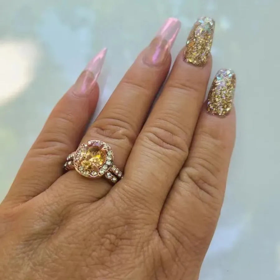 Rose gold electroplated alloy ring with micro-inlaid zircon, geometric shape, sizes 5 to 11