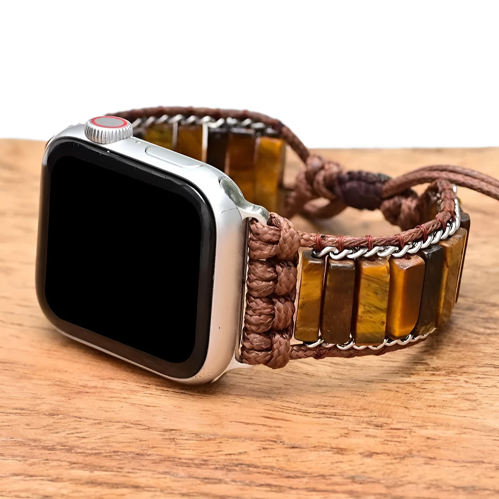 Men's rectangular tiger eye stone on a metal chain, attached to a brown adjustable textile watch strap.