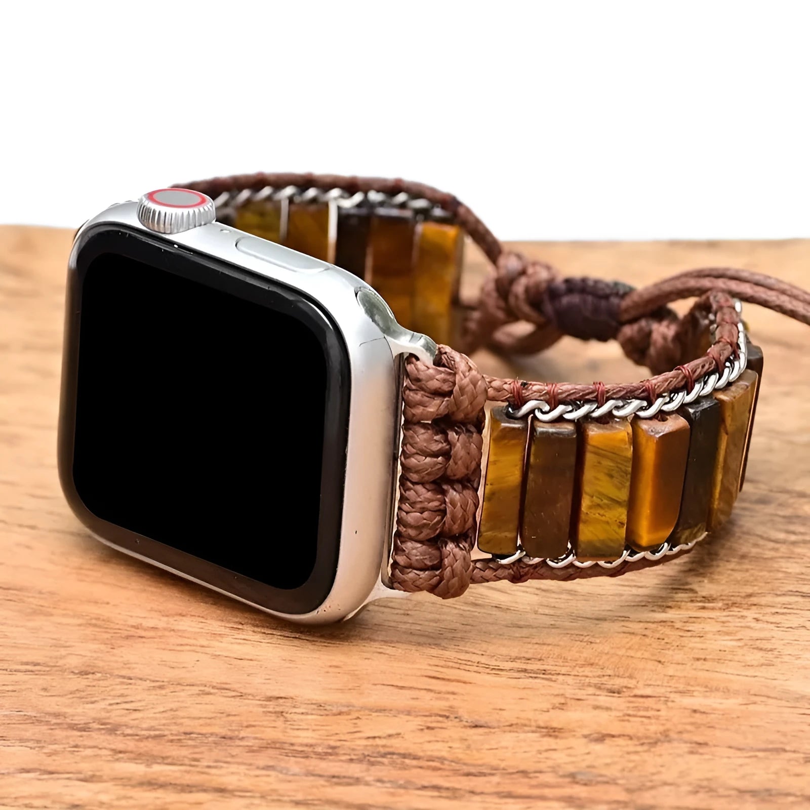 Men's rectangular tiger eye stone on a metal chain, attached to a brown adjustable textile watch strap.