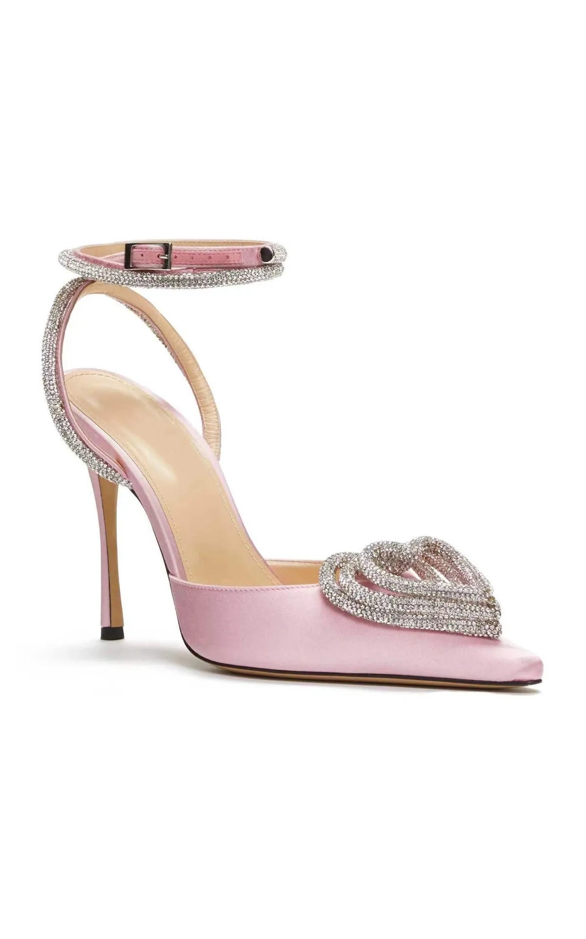 Women's black satin sandals with heart rhinestone detail and pointed toe, showing winding tape wearing method
