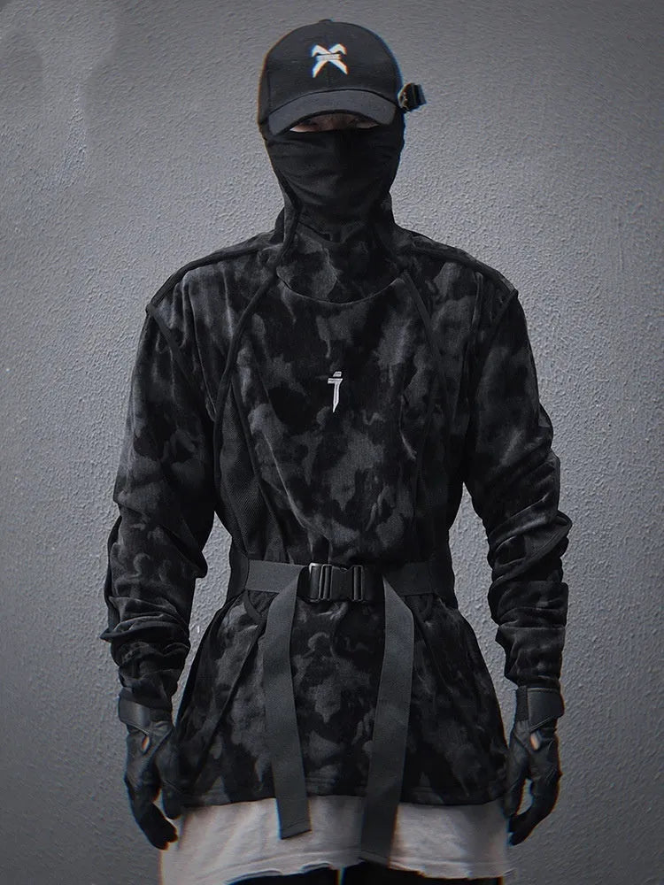 Men's black and gray tie dye print sweater with finger turtleneck and loose drop-shoulder sleeves.