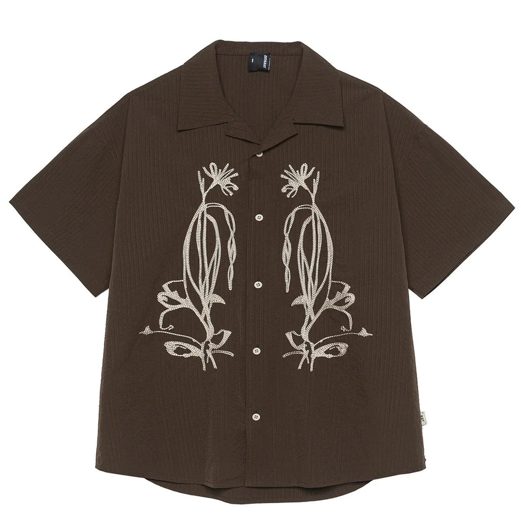 Men's brown striped Cuban collar short sleeve outdoor shirt