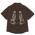 Men's brown striped Cuban collar short sleeve outdoor shirt
