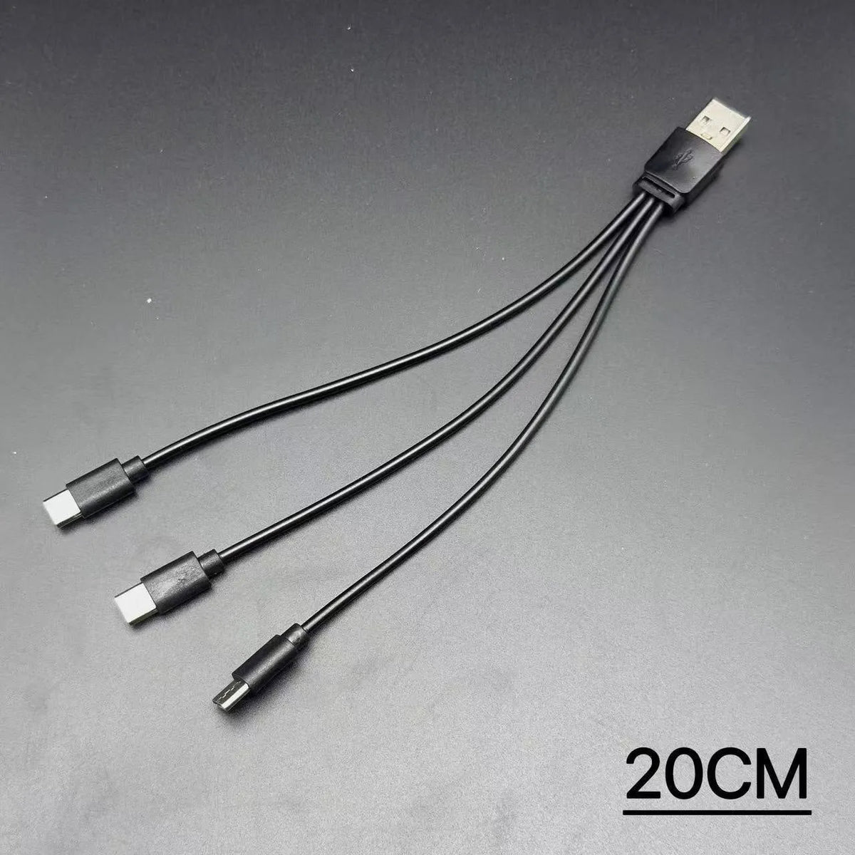 USB to three Type-C charging cable, 3-in-1 PVC data line, black or white, 12cm to 1m lengths