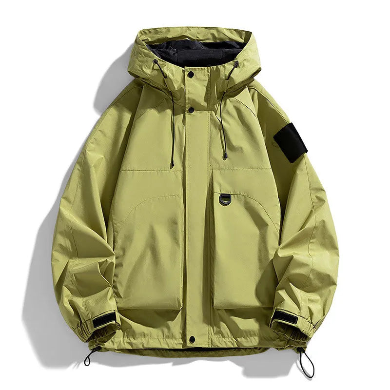 Men's black waterproof windproof hooded jacket made from polyester blend fabric.
