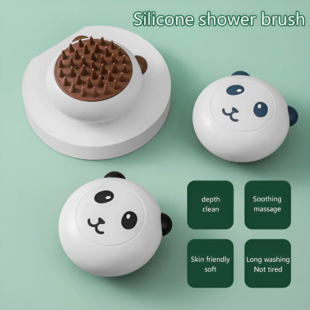 Panda-shaped silicone pet shower brush with soft bristles for cleaning cats and dogs