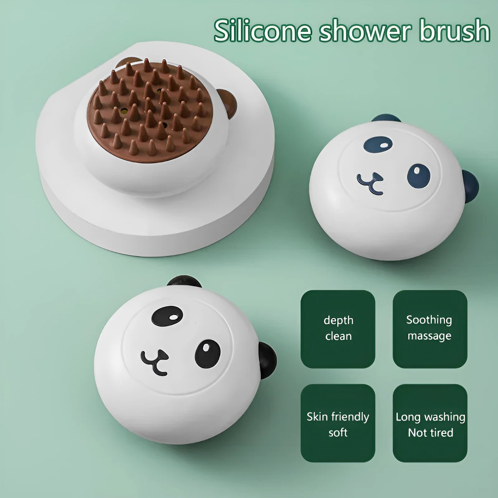 Panda-shaped silicone pet shower brush with soft bristles for cleaning cats and dogs