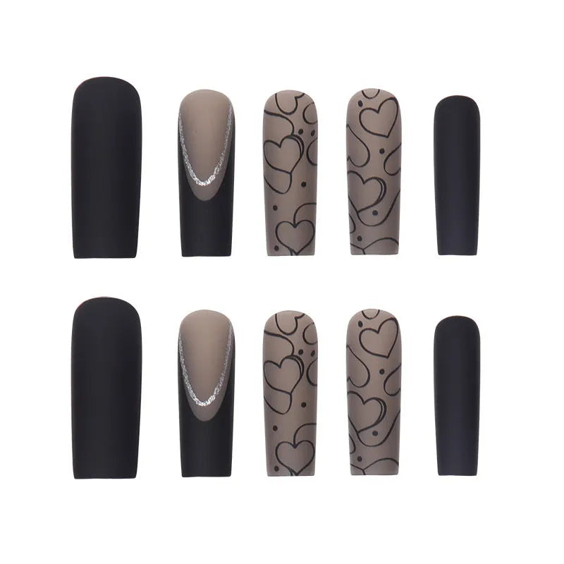 Black matte press-on nails in SGCY-98, long wearable nail tips, 24-piece set with glue