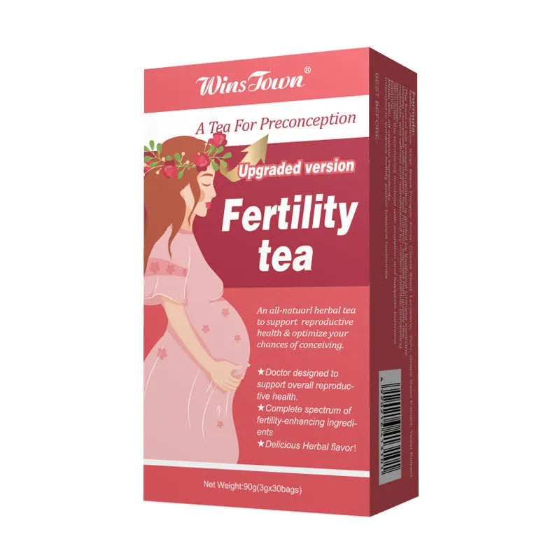 Box of fertility tea containing three packs of thirty herbal tea bags for women's reproductive health support.