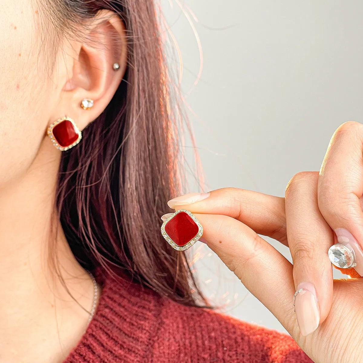 Red square geometric alloy earrings with retro design for women