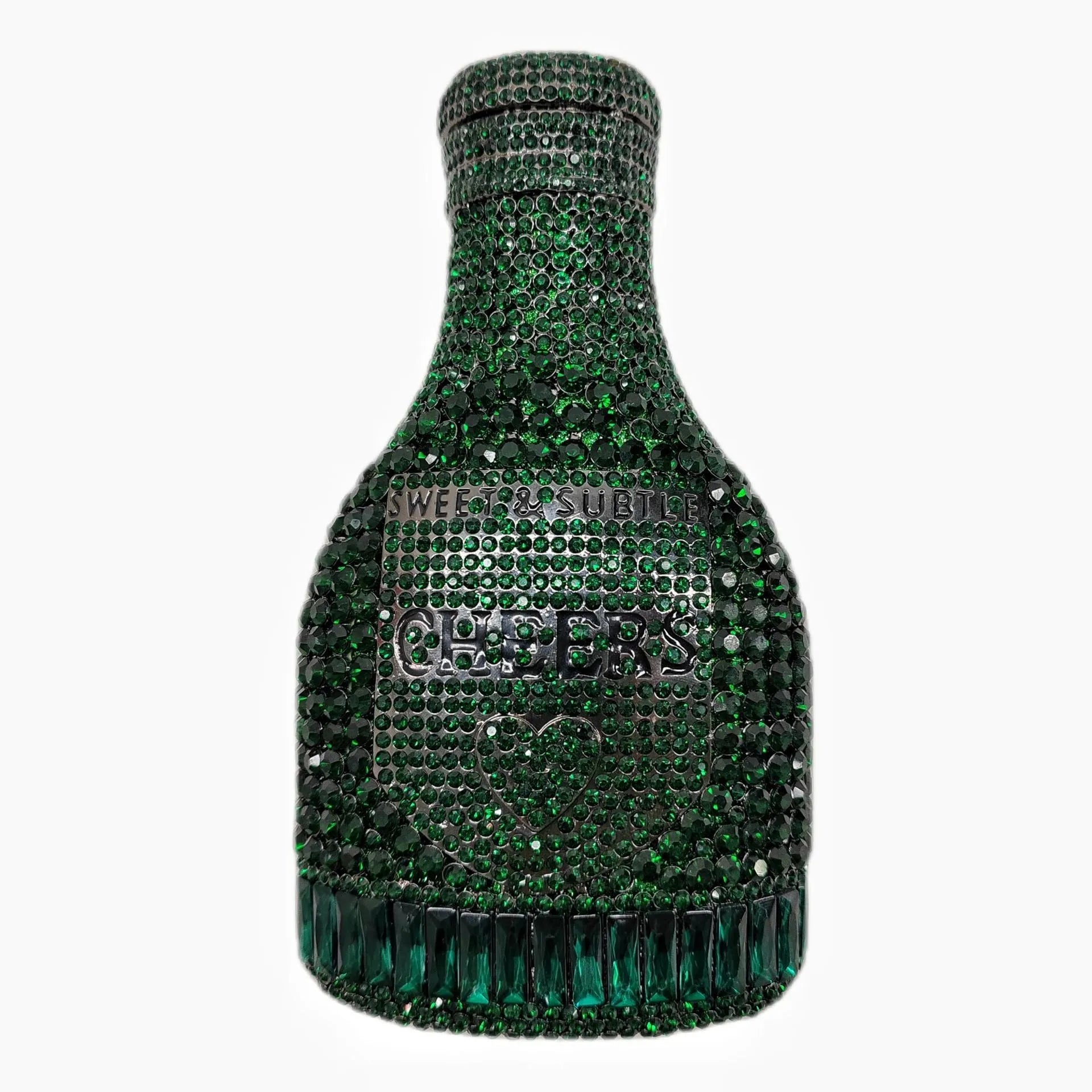 Gold champagne bottle shaped evening clutch with rhinestone decoration on black background