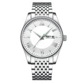 Steel belt quartz watch with stainless steel strap, alloy case, and 30M waterproof rating in black rose and silver colourways
