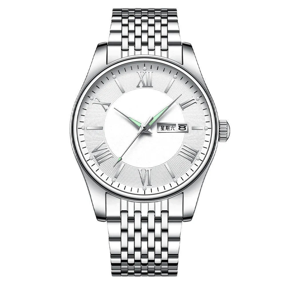 Steel belt quartz watch with stainless steel strap, alloy case, and 30M waterproof rating in black rose and silver colourways
