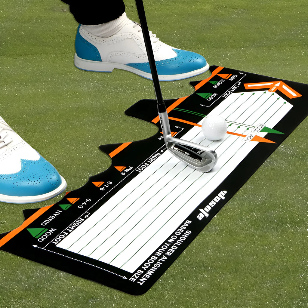 Black neoprene golf swing posture correction pad with alignment indicators for stance training