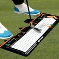 Black neoprene golf swing posture correction pad with alignment indicators for stance training