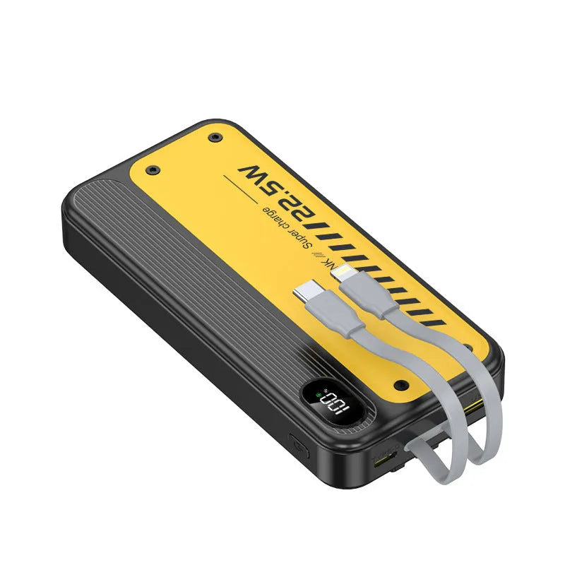 225W fast charge portable power bank with cable, 20000mAh, black plastic shell, multi-USB output