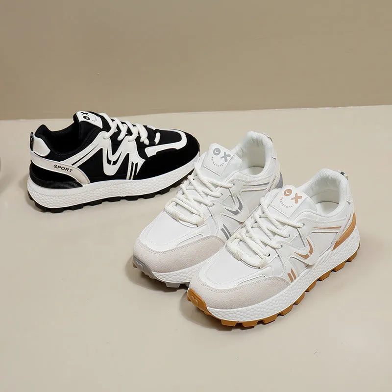 Women's black flat platform casual shoes with round toe and front lace-up, made from artificial PU with cotton lining.