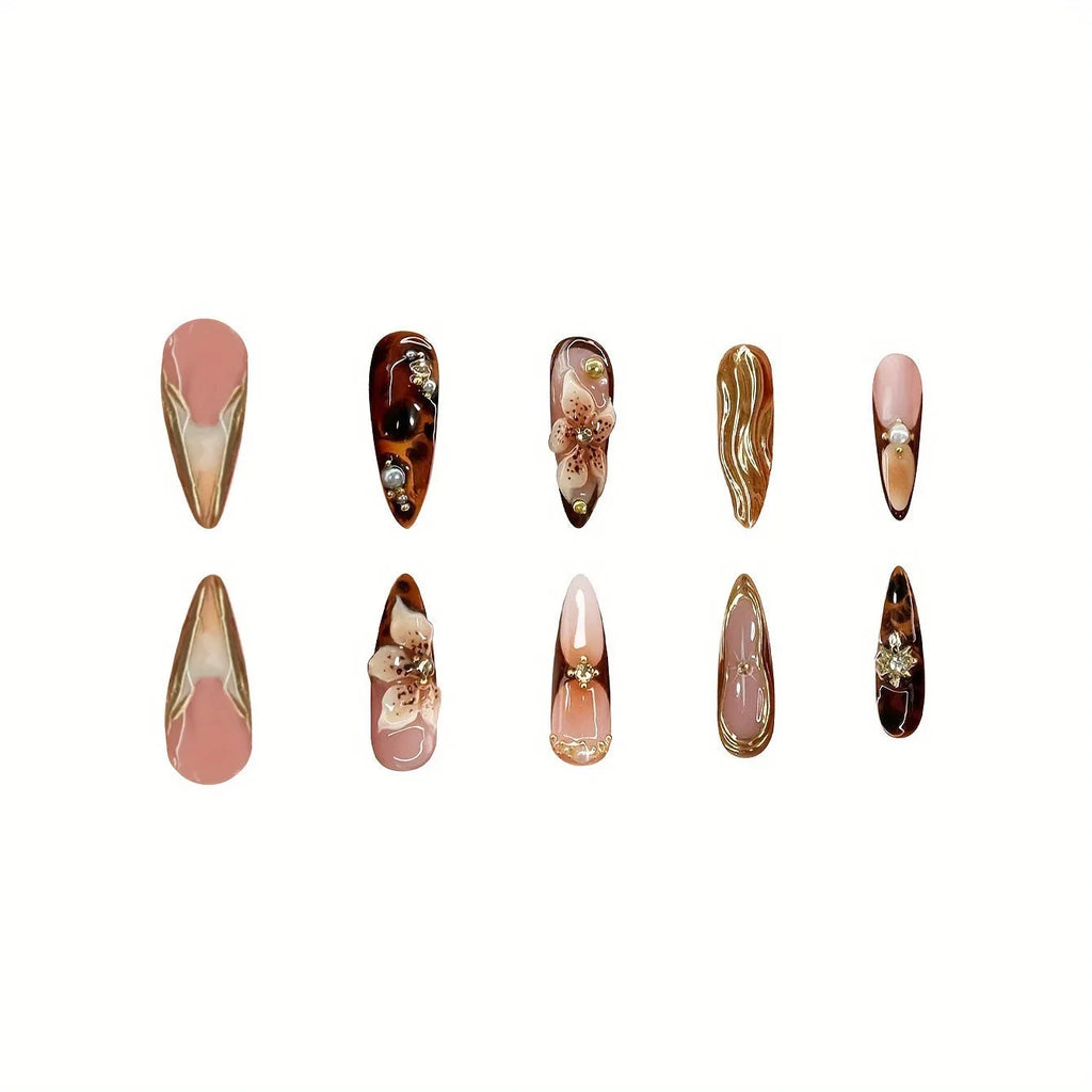 Press-on false nails with floral pattern design in XM325 colour, sweet Korean style.